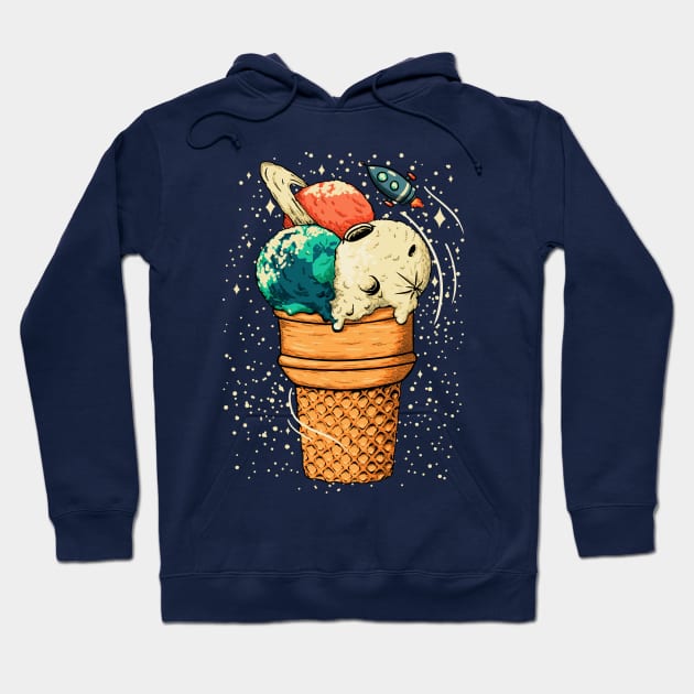 Space Ice Cream - Triple Scoop Cone Planet, Vanilla Moon, Pappermint Mint Chocolate Chip Earth, Melon, Cantaloupe, Muskmelon Saturn Hoodie by anycolordesigns